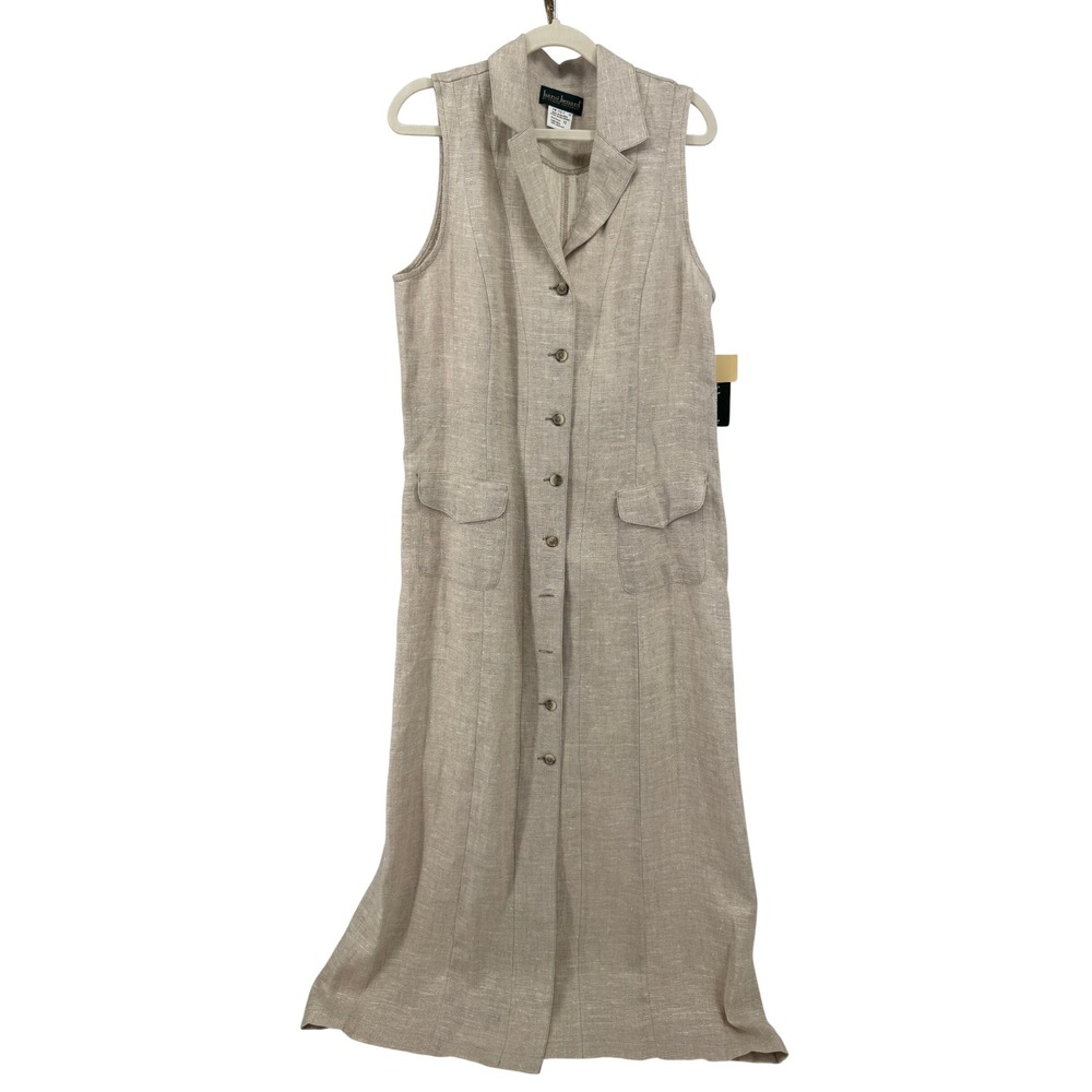 Harve Benard Linen Sleeveless Maxi Dress Women 12 Beige Button Front Pockets NWT